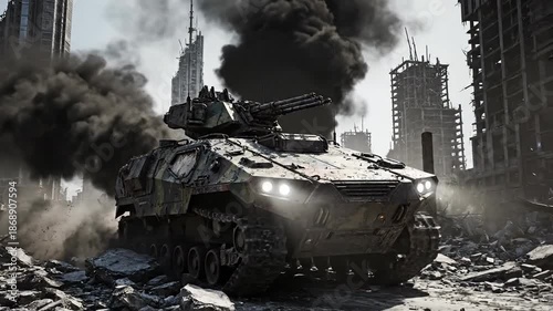 Military Tank in Ruined Cityscape with Smoke.