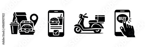 Food delivery vector icons set: fast, online, order, scooter, mobile