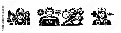 Professions vector icons set with worker, developer, athlete, and nurse symbols