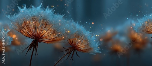 Close-up of glowing dandelion-like plants with floating sparkles