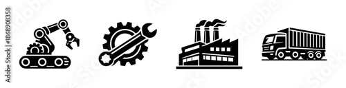 Industrial machinery vector icons set: robotics, factories, logistics symbols