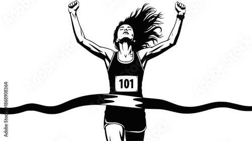 Woman runner crossing the finish line. Silhouette of athletic looking female runner running. Vector, transparent background EPS version.