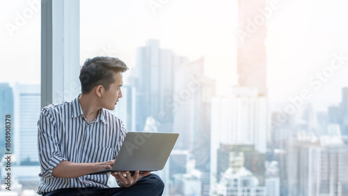 Young entrepreneurs, Gen Z, Young Businessman, brainstorming, Use laptop, office, co-working spaces, young entrepreneurial ideas.