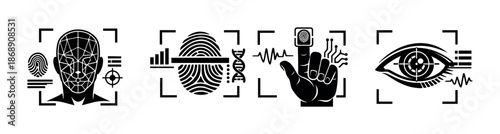 Biometric security vector icons set: fingerprints, facial recognition, authentication