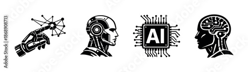Artificial intelligence vector icons set: robotics, ai chip, neural network designs