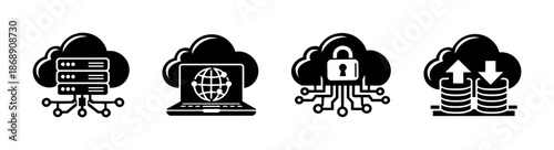 Cloud computing vector icons set, data storage and security symbols, tech interface design