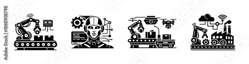 Robotics and automation vector icons set: technology, industry, innovation symbols