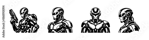Futuristic robot heads vector icons set: cyborg, sci-fi, android, tech symbols