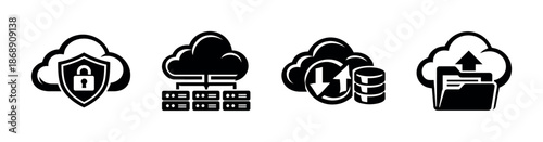 Cloud computing vector icons set: security, storage, data, upload, download