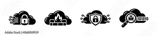 Cybersecurity icons set. black cloud security vector icons set. firewall, antivirus, lock