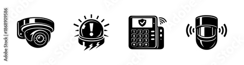 Security devices vector icons set: alarm, camera, keypad, sensor symbols