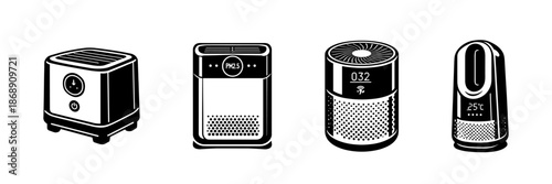 Home appliances vector icons set: toaster, air purifier, heater in black style