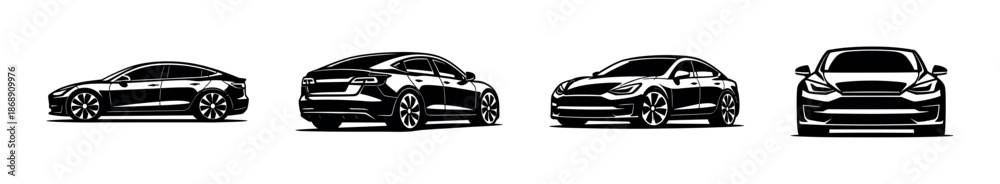 Obraz premium Electric car vector icons set in monochrome style - silhouette collection