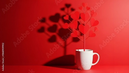 Valentine day coffee cup with red hearts on a romantic red background