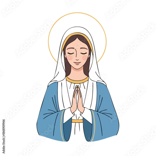 Vector illustration of Mother Mary with her hands clasped in prayer, wearing a blue robe and white headscarf with a golden halo, against a clean white background.