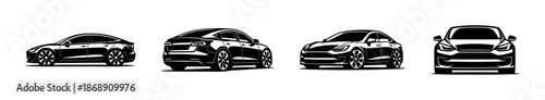 Electric car vector icons set in monochrome style - silhouette collection