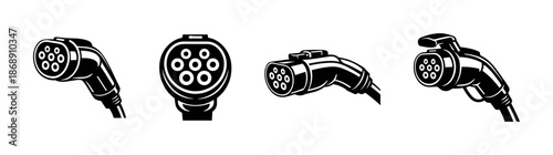 Electric vehicle connectors vector icons set: charging, plug, adapter, black symbols