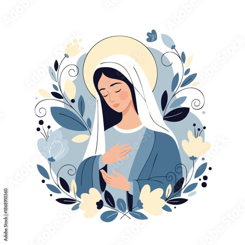 Vector illustration of Mother Mary with a serene expression, surrounded by floral elements and decorative leaves on a soft, pastel background.