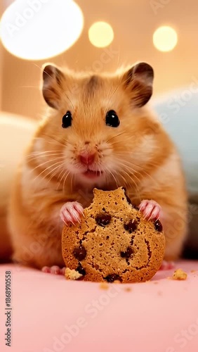 Cute Chubby Hamster Eating a Chocolate Chip Cookie Adorable Pet Portrait