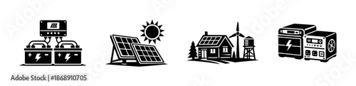 Renewable energy vector icons set: solar panels, battery storage, wind turbine