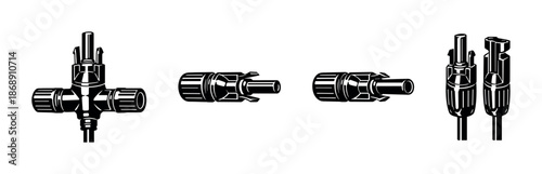 Solar cable vector icons set: connectors, adapter, plug, black linear design