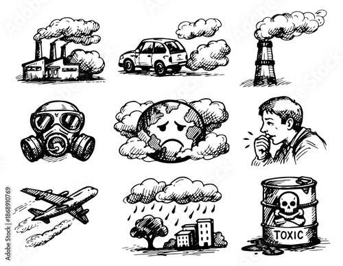 Hand drawn environmental pollution elements set featuring factories, vehicles, a sad Earth, and a toxic barrel for ecological crisis awareness