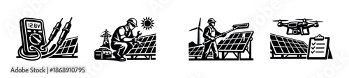 Electrical and renewable work vector icons set: solar, wind, drone, technicians