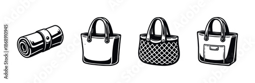 Travel and fashion vector icons set with bags and rolled mat accessories