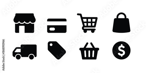 Minimalist Retail Commerce Icon Set - Black Vector Shopping and Finance Symbols