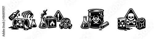 Vector icons set of toxic waste symbols: hazard barrels, gas mask, and skull