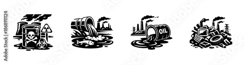 Environmental pollution vector icons set: waste, toxins, contaminants, hazards