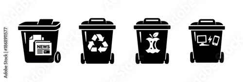 Waste management vector icons set: recycling, compost, e-waste, newsprint