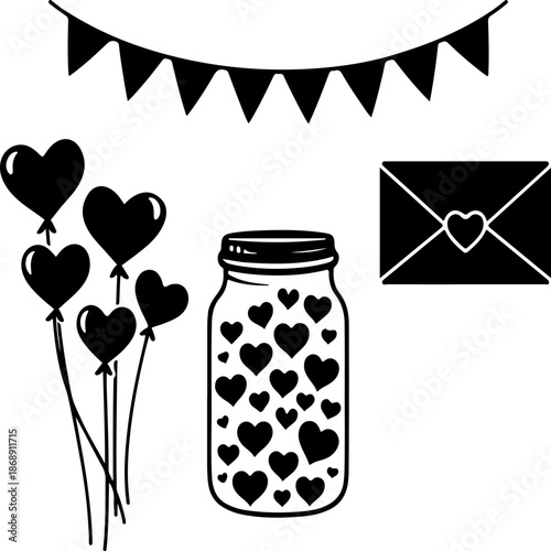 Celebration of love with heart-themed decorations isolated on transparent background, isolated on white background, Vector, illustration