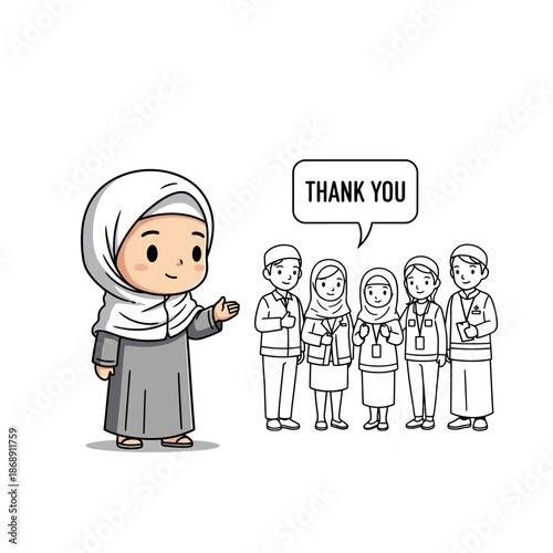 A young Muslim girl expressing gratitude to a group of people.