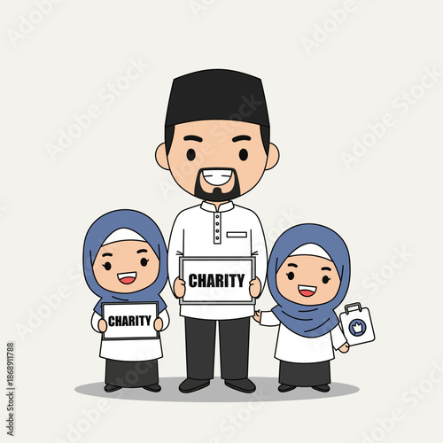 Cartoon illustration of a Muslim family holding charity signs together.