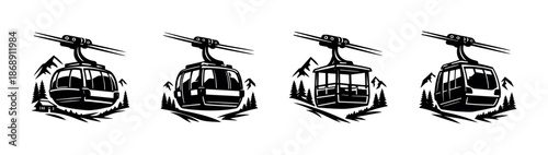 Cable car vector icons set: gondola, transport, mountain ride symbols in solid style