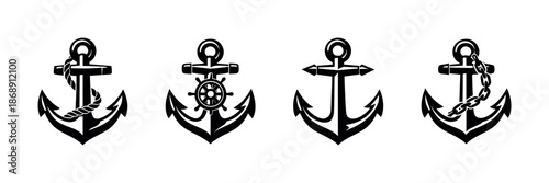 Anchor vector icons set: nautical, maritime symbols, sea, ocean illustrations