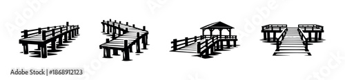 Boardwalk vector icons set. coastal walkway silhouettes. pier, bridge, gazebo collection