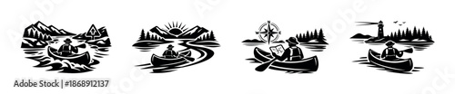 Canoe adventure vector icons set: exploration, journey, scenic landscapes