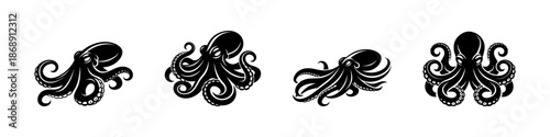 Octopus vector icons set in black. sea creature logo collection. marine animal symbols