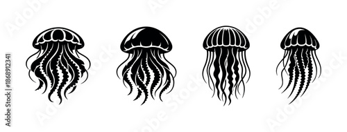 Jellyfish vector icons set with aquatic symbols for marine design themes