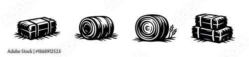 Farm harvest vector icons set: hay bales, cylindrical, square, agriculture symbols