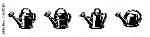 Gardening vector icons set: watering cans collection, garden tools, flat design