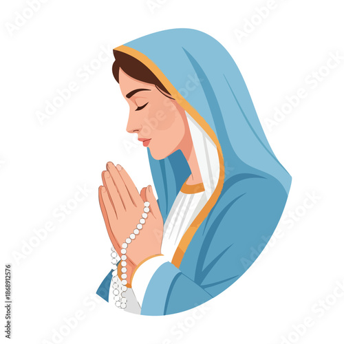 Vector illustration of Mother Mary praying with rosary beads in a serene and peaceful composition against a clean white background.