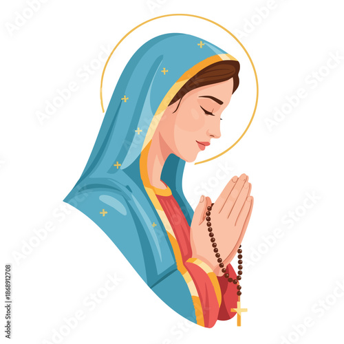 Vector illustration of Mother Mary in prayer, wearing a blue cloak with gold stars and a rosary, against a clean white background with a serene and devotional mood.