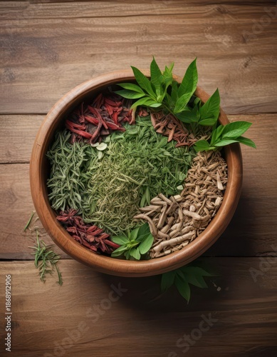 Traditional Thai medicine herb in a wooden bowl , kaphrao, traditional, fragrant