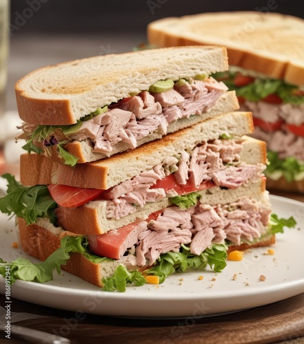 Tuna salad sandwich cut into two halves stacked on a plate ,  stacked,  tuna salad,  sandwich
