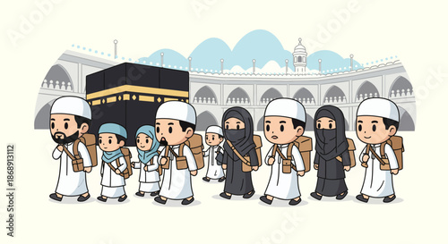 Muslim pilgrims performing Hajj in front of Kaaba and mosque.