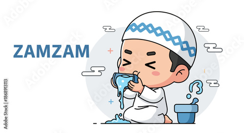 Cartoon illustration of a Muslim boy drinking Zamzam water.