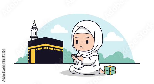 Young Muslim girl praying near the Kaaba in Mecca during Ramadan.